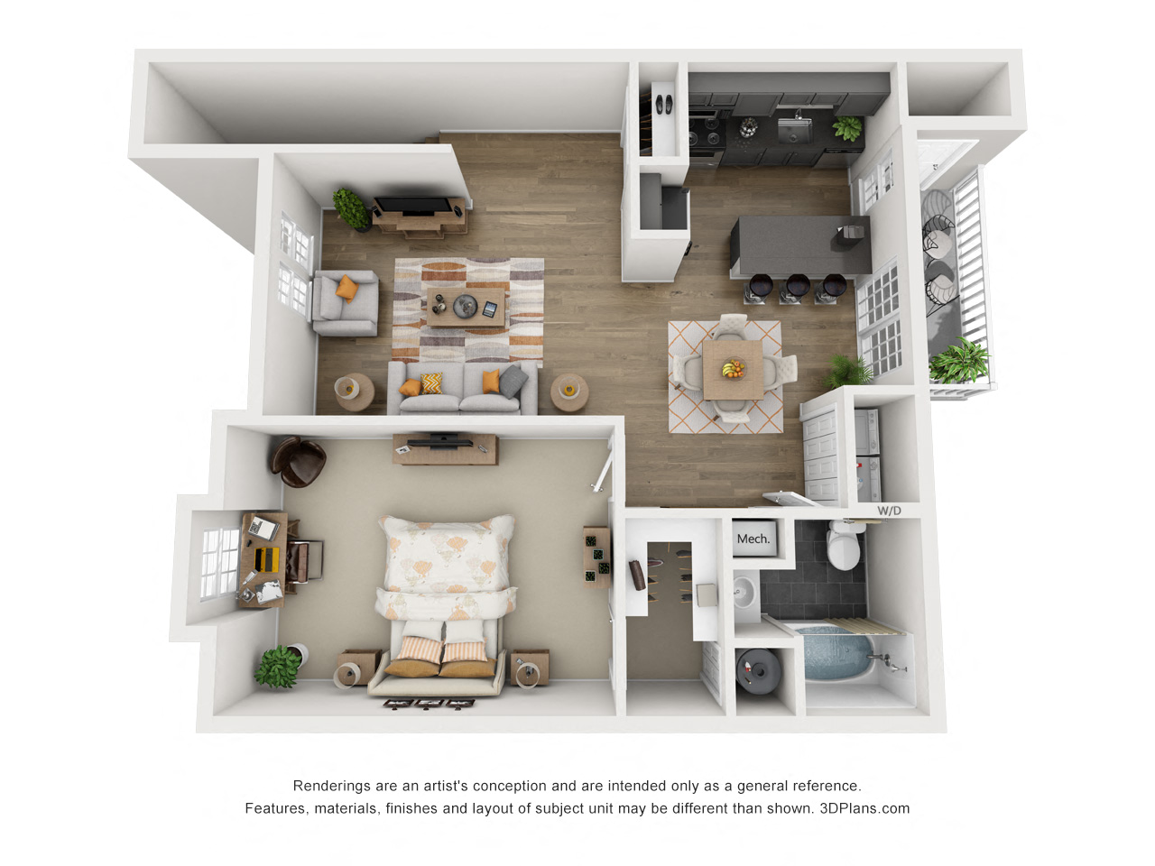 Floor plan for 1 bed, 1 bath, 840 sqft